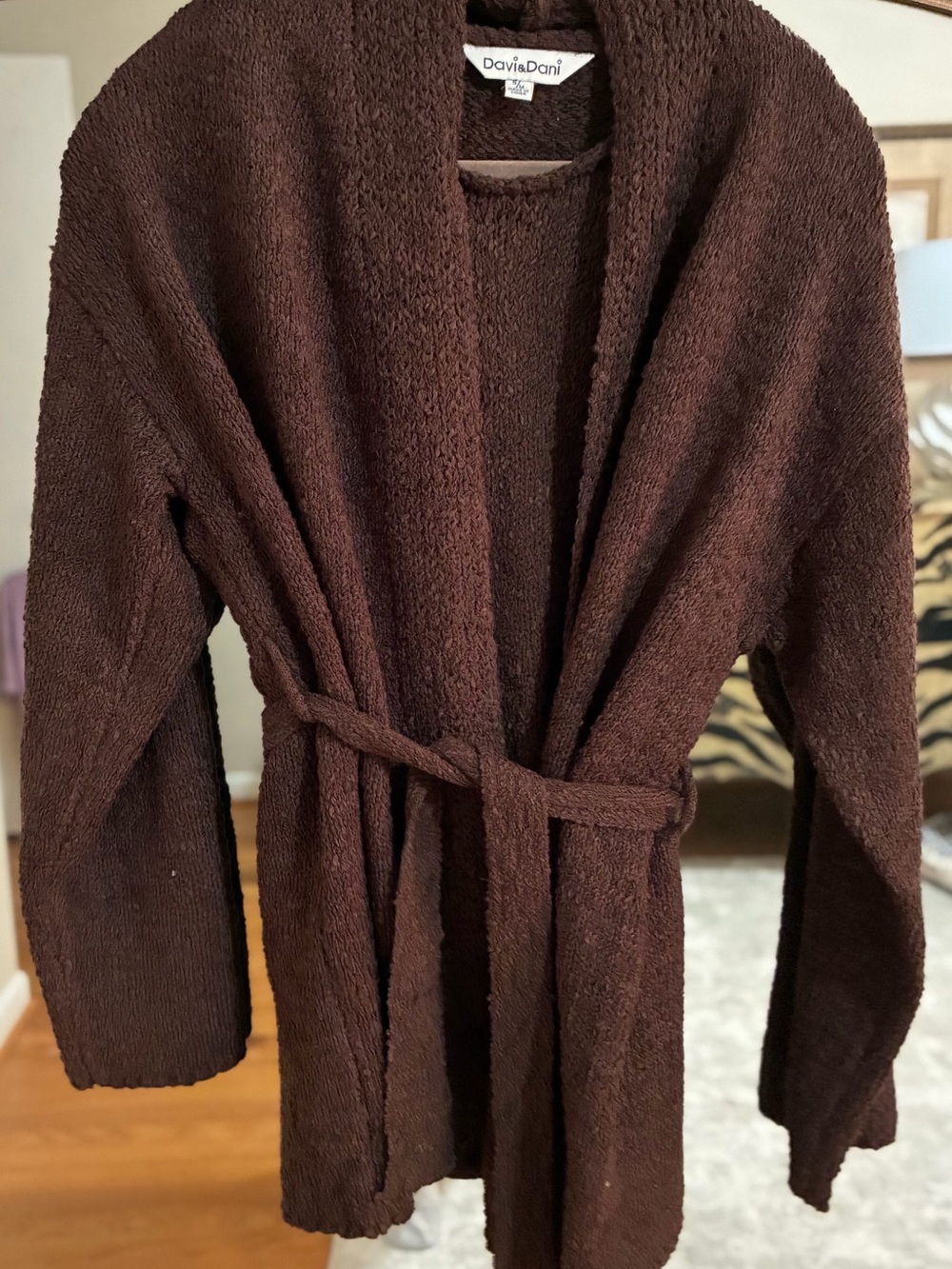 DAVI & DANI Dark Brown Textured Wrap Cardigan with Belt and tank to match